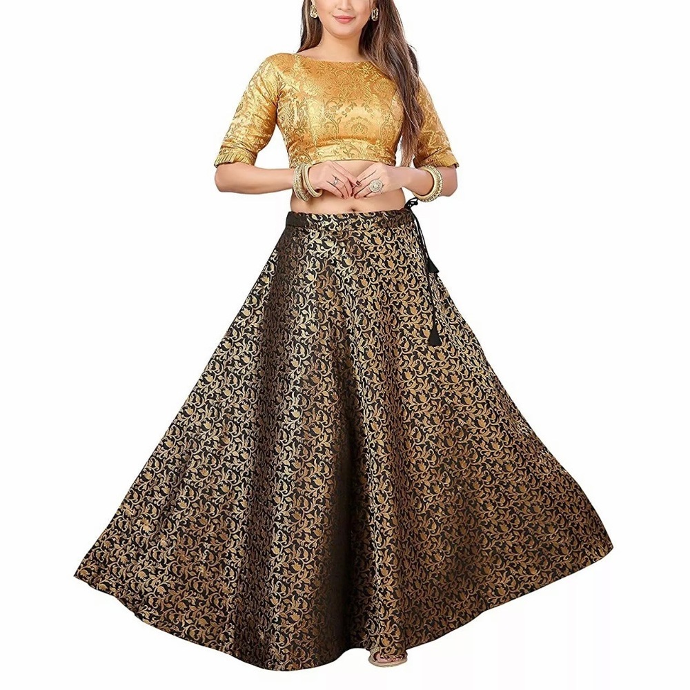Black and gold Women's Benaras Brocade Wedding Sangeet Indian Skirt Lehenga